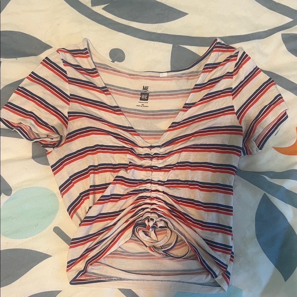 Pacsun Striped V-Neck Ruched Top - Red, Blue, Orange, White